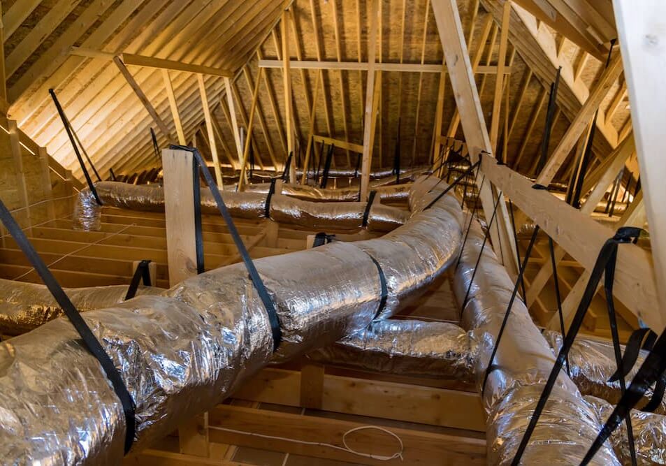 An expansive attic with wooden beams and reflective silver air ducts (properly sized for residential projects) secured by black straps ensures efficient airflow